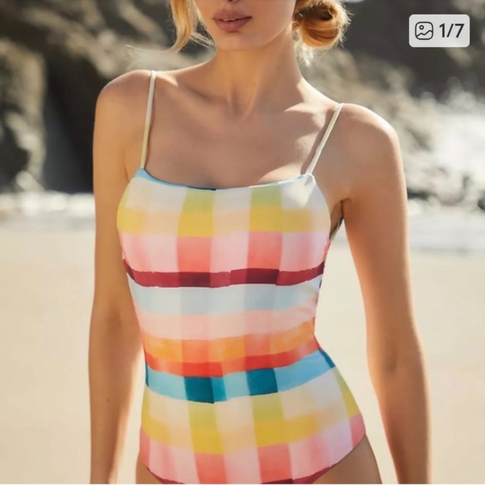 NWT Anthropologie Multicolor Plaid One-Piece Swimsuit